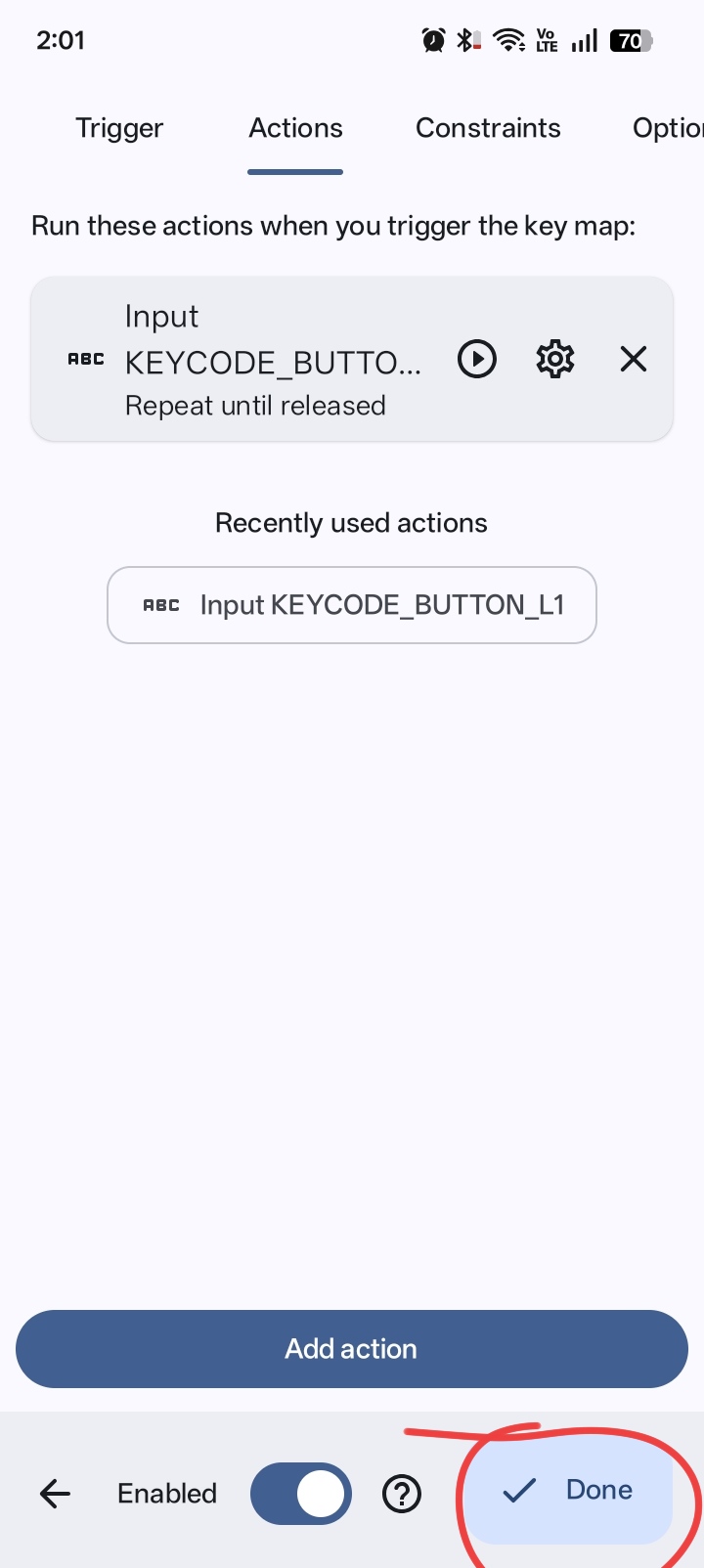 Actions screen with Enabled toggle and Done highlighted