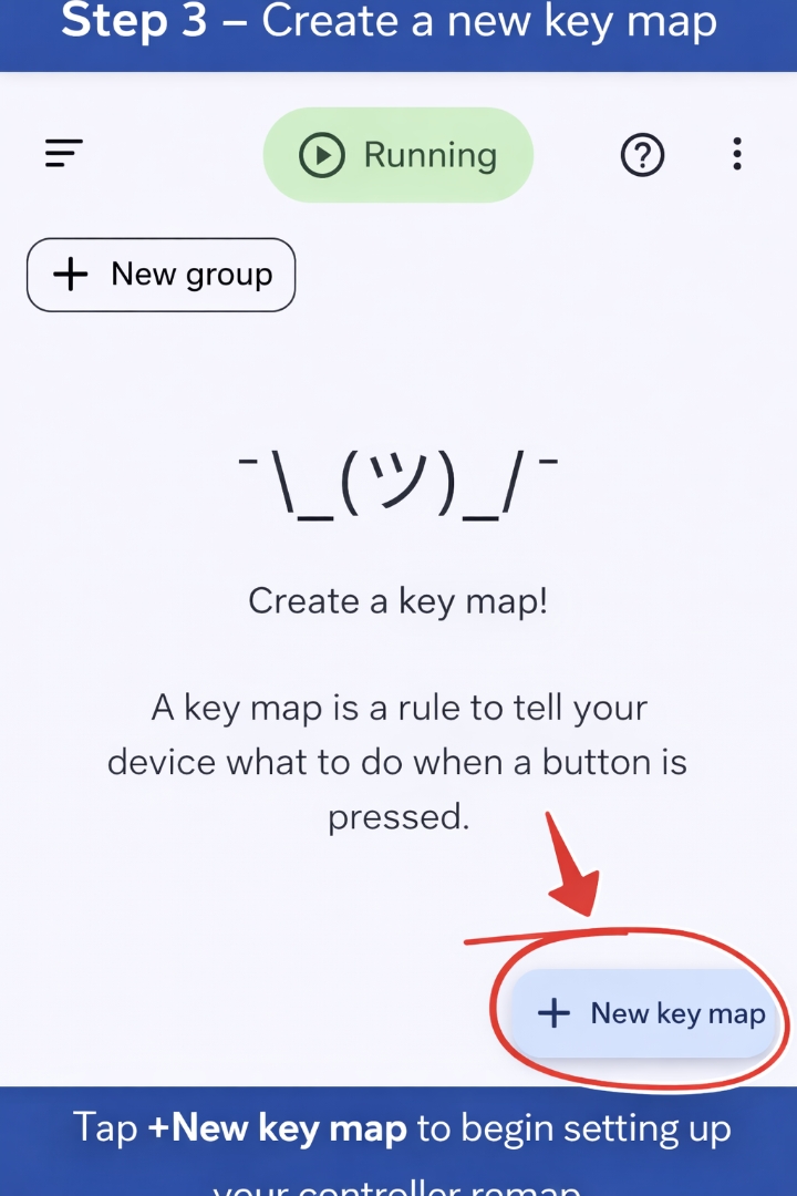 Empty Key Mapper home with New key map button highlighted