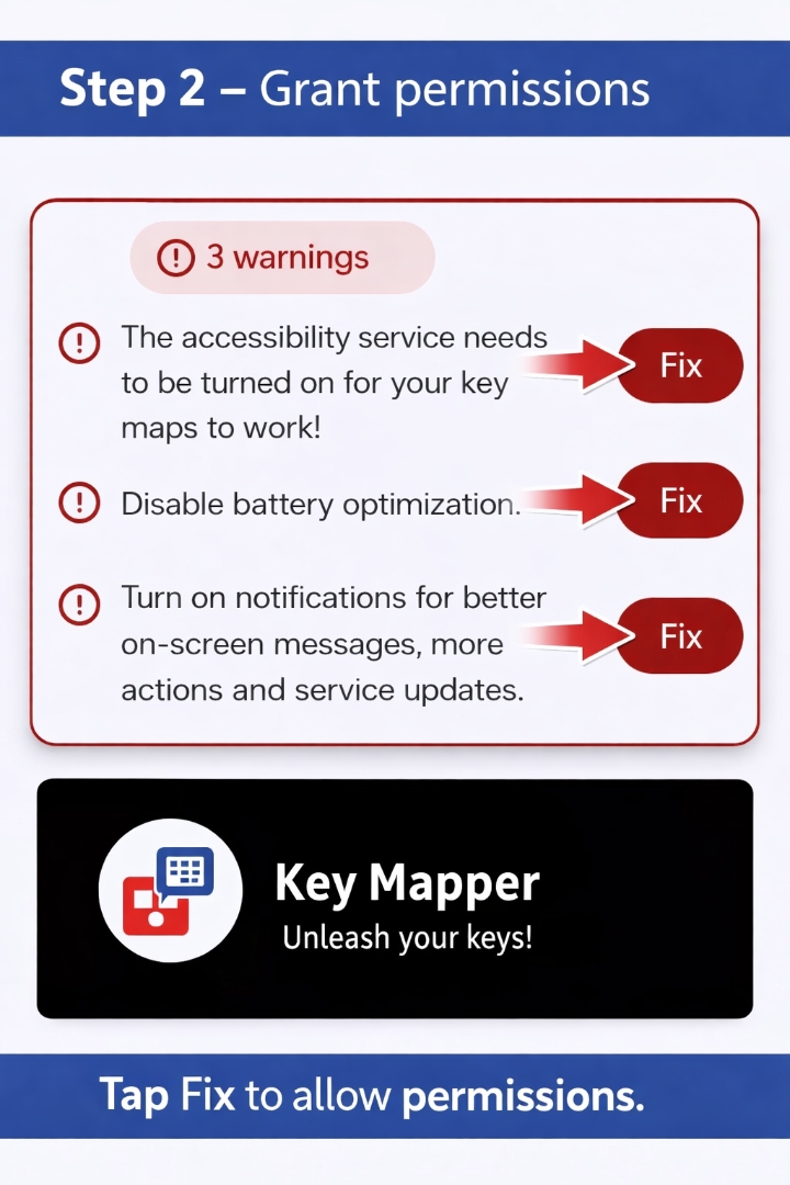 Key Mapper warnings screen with three Fix buttons