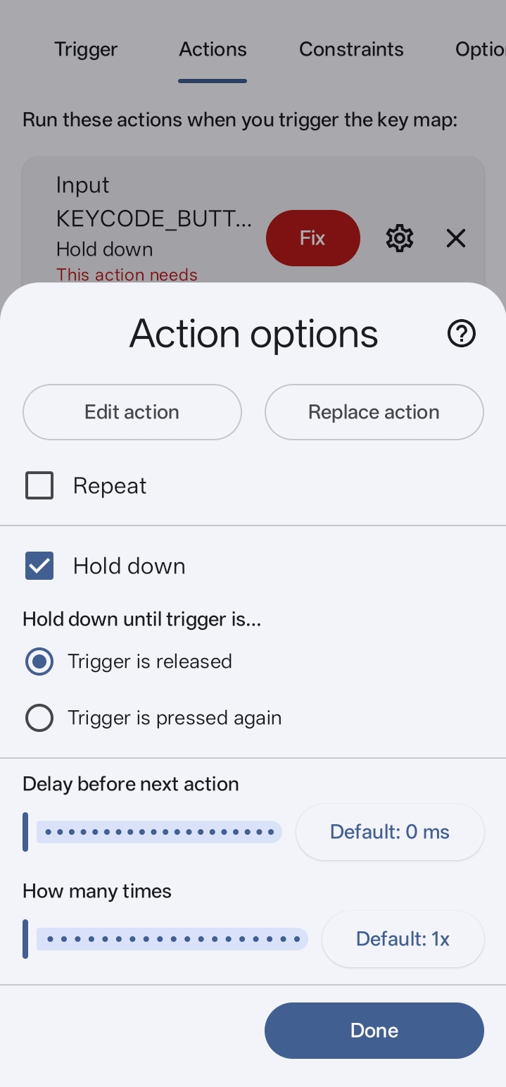 Key Mapper action options showing Repeat disabled and Hold Down set to Trigger is released
