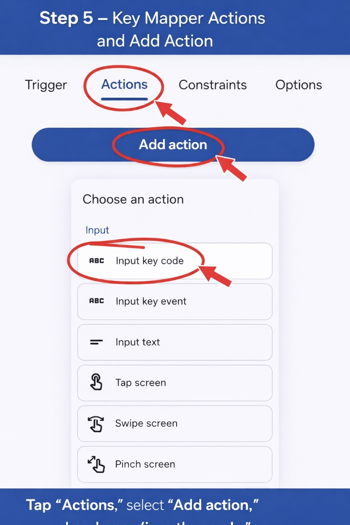 Actions tab with Add action and Input key code highlighted
